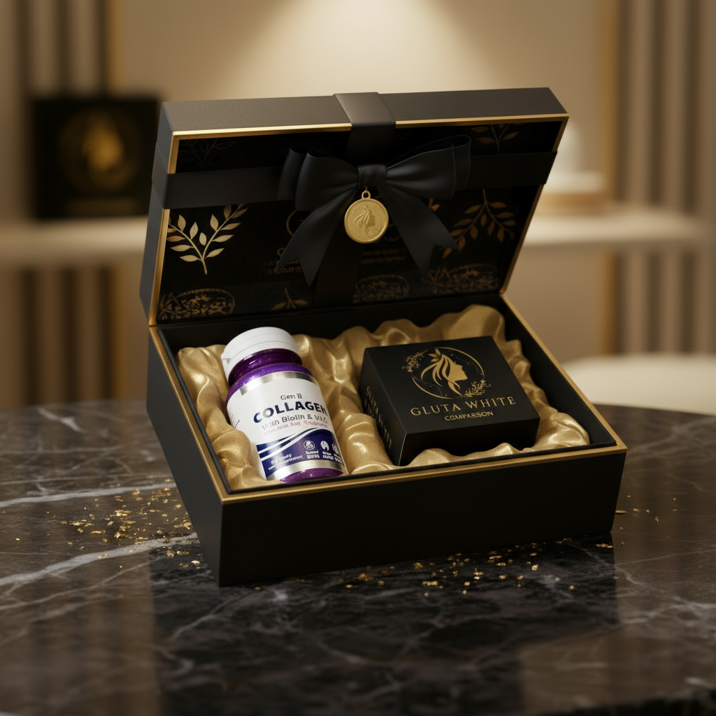 Black gift box with a bottle of Collagen and a black box on a marble surface.
