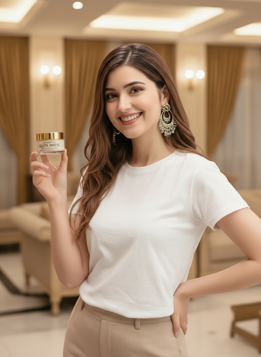 Woman holding a skincare product Gluta White