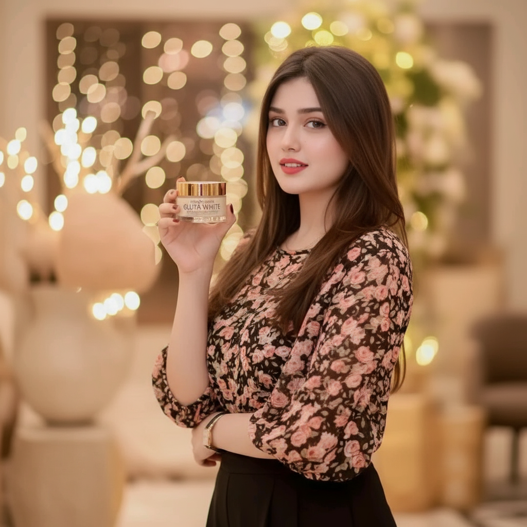 Woman holding a product with a blurred festive background