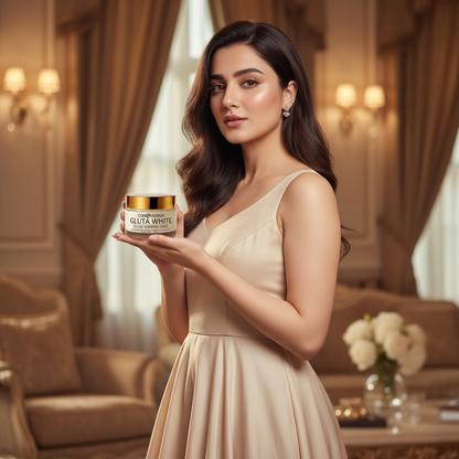 Woman holding a Gluta white skincare product in an elegant room